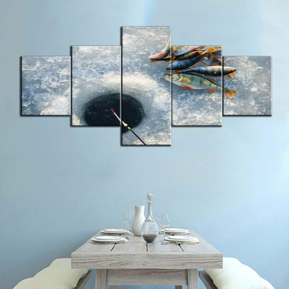 Canvas Pictures Caught Fish on Ice Fishing Wall Art for Living Room 5 Panel White Artwork Modular Abstract Paintings Modern Home Decor Wooden Framed Ready to Hang Posters and Prints(50''W x 24''H) 50WX24H Artwork-19