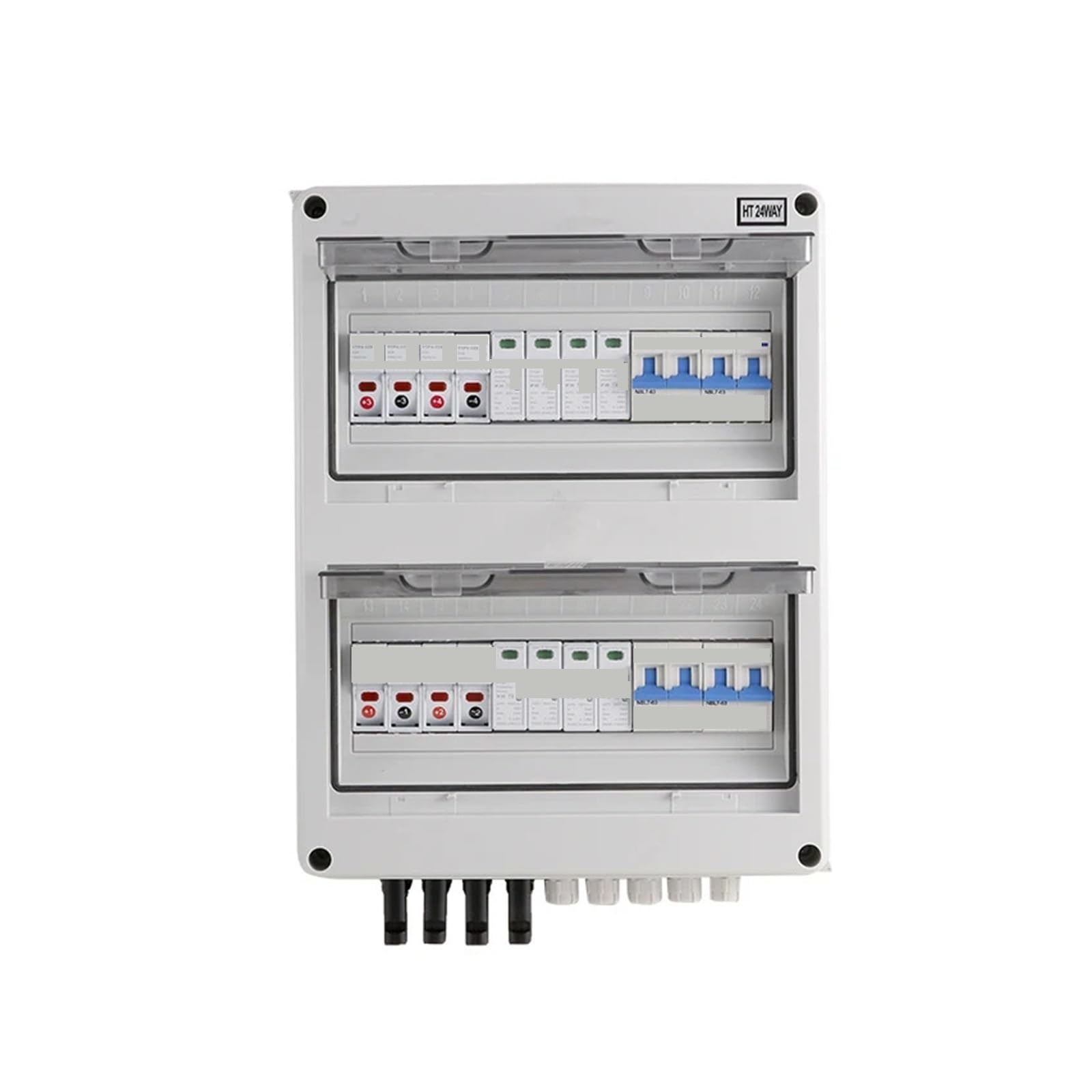600-V-Solar-DC-PV-Kombikasten, 4 Strings mit Blitzableiter, 4 Eingänge, 4 Ausgänge, 15 A Nennstromsicherung, 63 A MCB, SPD, IP65 wasserdicht