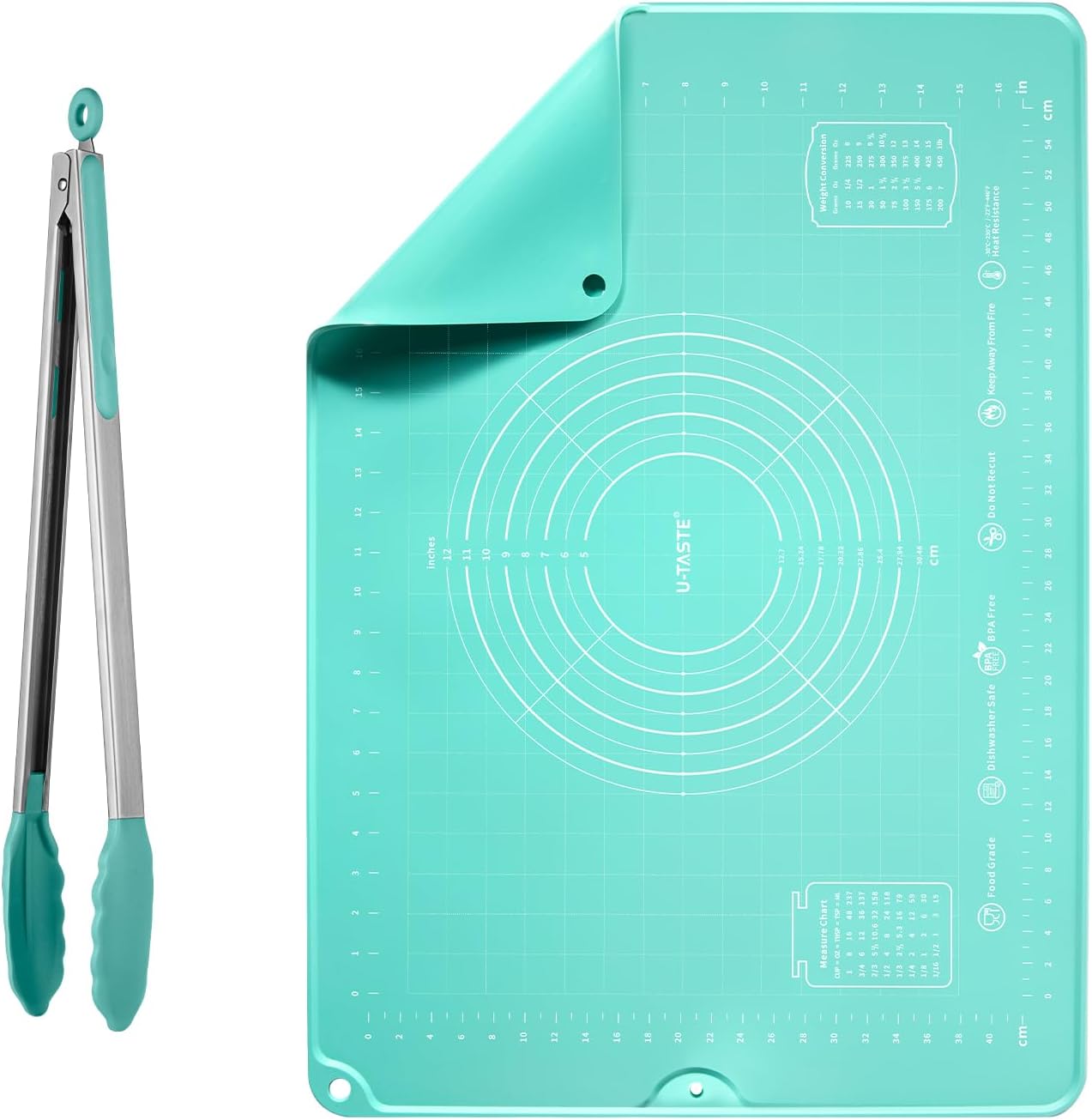 U-Taste 600℉ Heat Resistant Food Grade Non Stick Firm Cooking Tongs (16 in), and 20inx28in Large Silicone Pastry Mat Food-Grade Non-Stick Dough Rolling Mat (Aqua Sky)