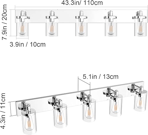 Miniatura 4 de Aipsun Lámpara de baño cromada de 5 luces con pantalla de vidrio transparente