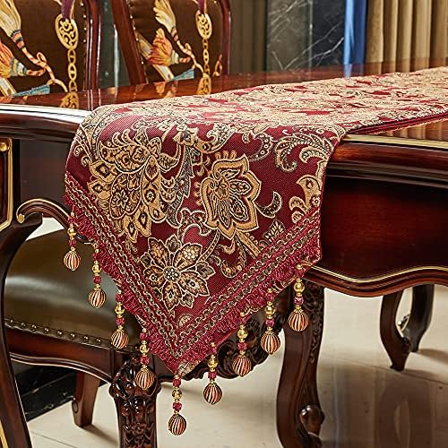 Luxury Vintage Design Table Runner 90 inches Long Embroidery Jacquard Fabric with Multi-Tassels Table Runners for Dining Room Dresser Wedding Holiday Party Fireplace Decorations (Red, 12X90inch)