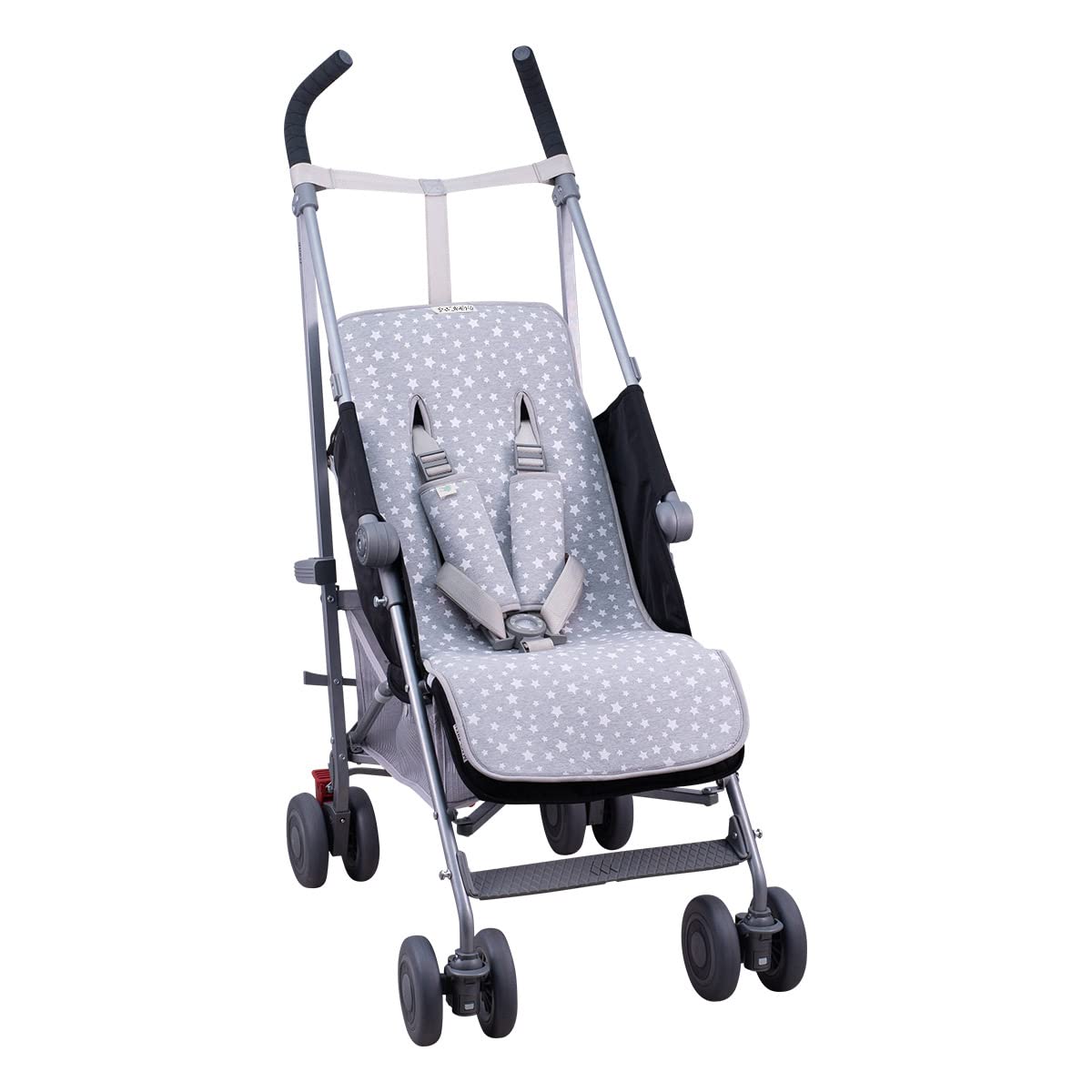 JYOKO KIDS Uniwersalna poduszka do wózka + ochrona pasa bezpieczeństwa, uniwersalna mata do wózka, wykonana z tkaniny bawełnianej z oddychającą pianką i technikiem (biała gwiazda)