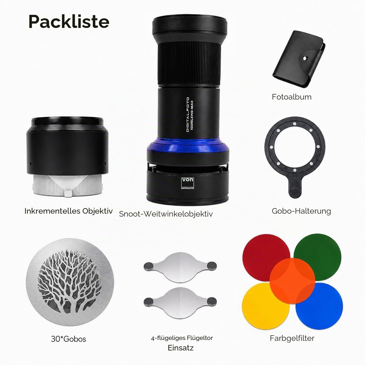 Bowens-Mount-Snoot-Spotlight-GOBO-Projektor mit 4-Lamellen-Abschirmklappe, für Aputure Amaran 60D/100D/200D, Godox SL60/100/150/200/300, 30 Gobos & 5 Farbfilter (MAX)
