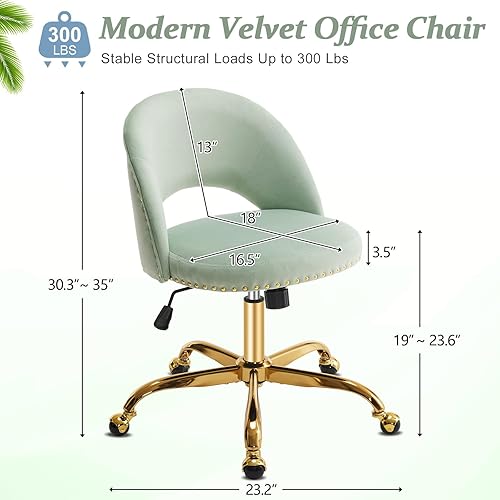 Miniatura 2 de VINGLI Silla de oficina pequeña de terciopelo moderna, bonita silla de escritorio con ruedas, base doradatachuelas, cómoda silla giratoria sin