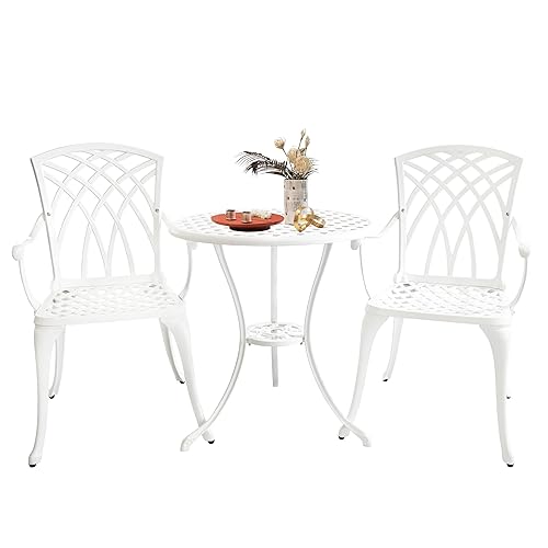 White Bistro Table and Chairs Set of 2, Cast Aluminum