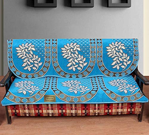 LUXURY CRAFTS Chenille Floral 3 Seater Sofa Cover (Standard, Sky Colour)