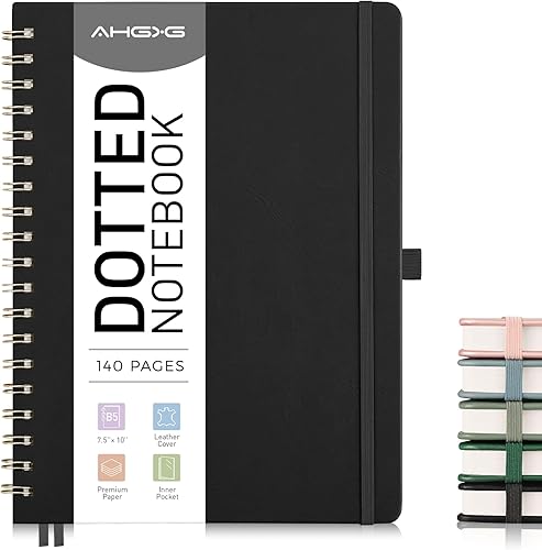 Vista 104 de AHGXG Cuaderno de espiral con puntos y viñetas, cuaderno de cuero de tapa dura de 140 páginas, cuaderno de papel de cuadrícula de puntos A5, papel