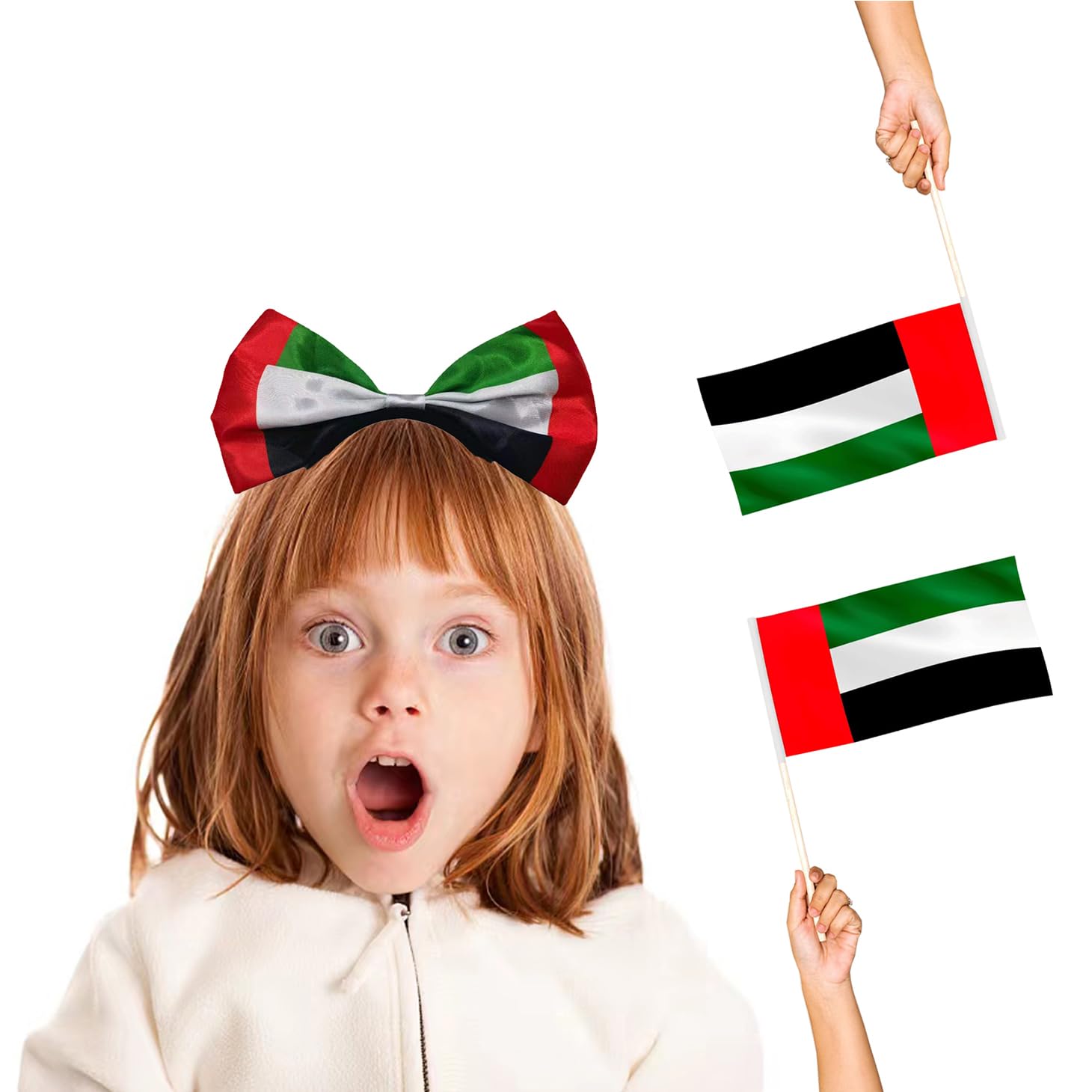 Hystyfu® 1Pcs UAE Flag Headpiece with Large Bow Tie and 2Pcs UAE Flag Hand Waving, UAE Flag Headband Desk Flags for UAE National Day, World Cup and Flag Day (22cm Large Bow Tie)