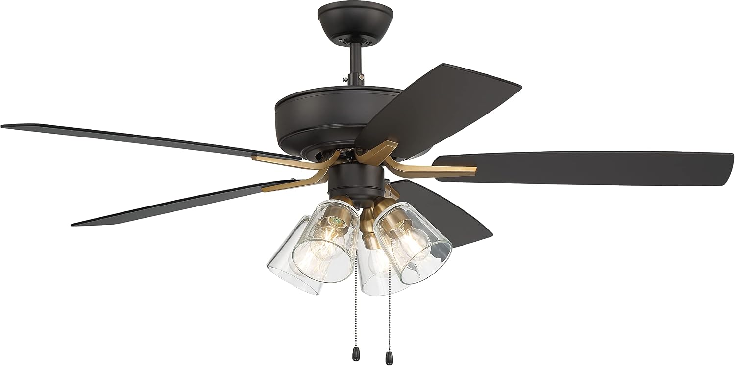 Craftmade 52" Pro Plus Ceiling Fan in Flat Black/Satin Brass Finish, Reversible Flat Black/Black Walnut Blades Included, Integrated Light Kit, P104FBSB5-52BWNFB