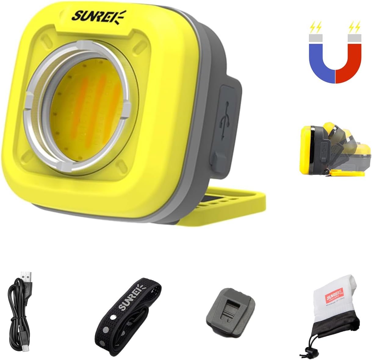 SUNREI Outdoor Multi-Function Mini Rechargeable Night Light with 4 Modes, Stepless Dimming Flashlight, 180° Rotation Clip Light, Including Back Clip and 1/4" Threaded, IPX5 for Camping, Car Repairing