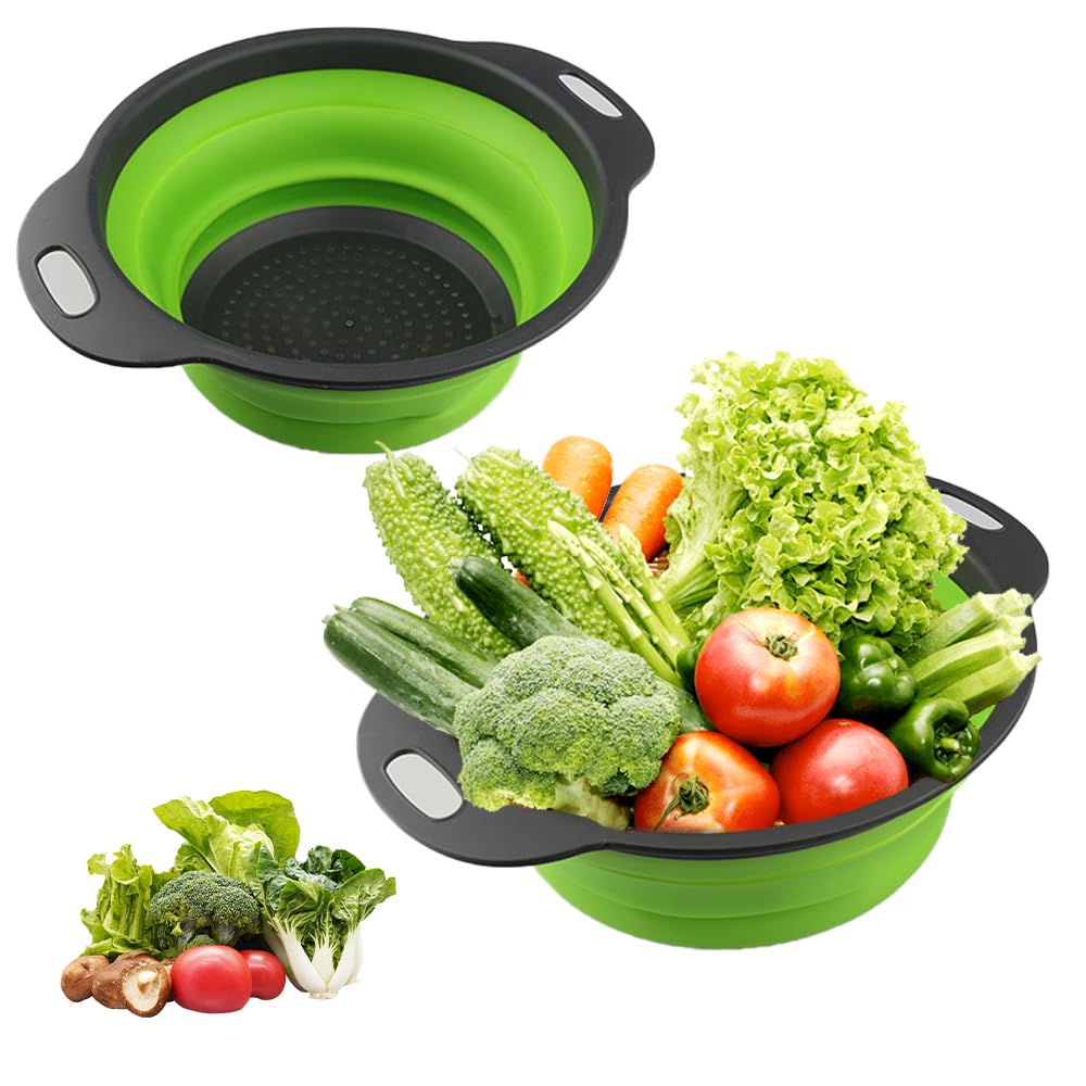 2 Piezas Coladores de Silicona, Colador plegable,Colador Plegable de Silicona para la cocina,Escurridor verduras, adecuado para pasta, frutas y verduras en el escurridor de la cocina (23,5 + 29 cm)