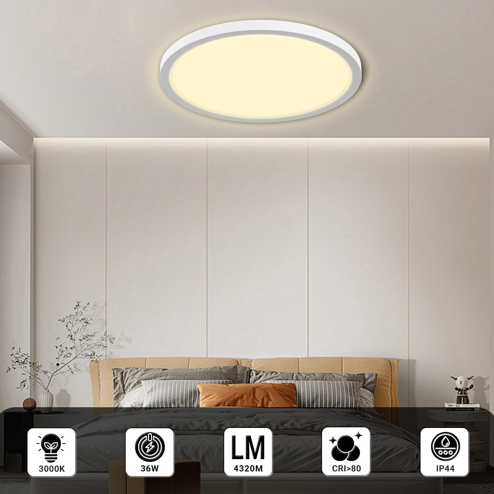 LQWELL® Plafonnier LED, IP44 Lampe de salle de bain étanche ronde plate 36W 3000K 4320LM Lampe simple moderne mince pour salon Chambre Cuisine Balcon Sous-sol Bureau, 400 * 18mm