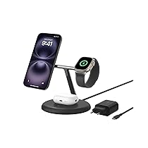 Belkin Supporto di Ricarica Wireless Magnetica 3 in 1 con Qi2 15W, Compatibile con MagSafe, Caricatore rapido per iPhone 17, Air, Pixelsnap, AirPods, Apple Watch e altri (alimentatore incluso) – Nero