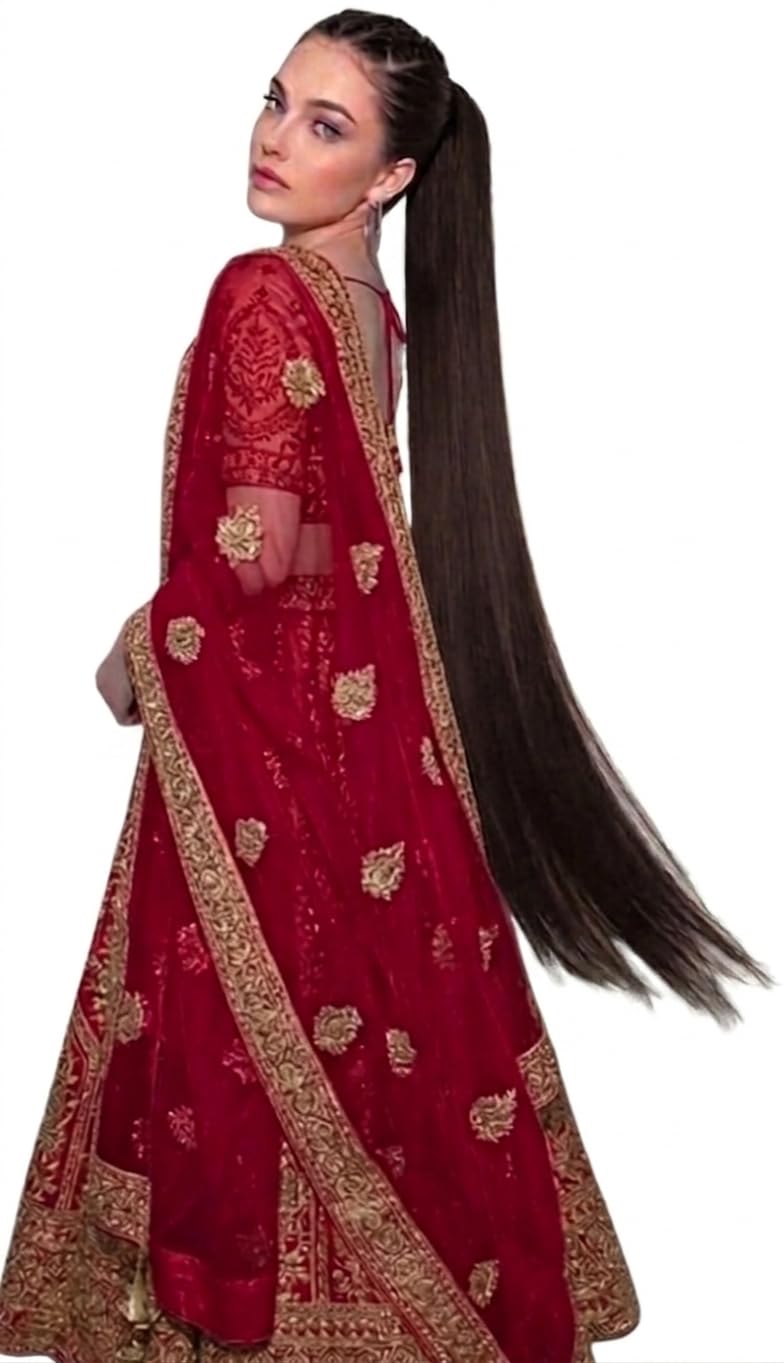 Alizz Tie Up Ponytail Hair Extension, Brown, 40 Inch, Straight Style Hair Accessories Artificial Fake Long Extensions Hair for Women & Girls - Savaram Gangawan Cataram Sadaraa Paranda Choti False Nakli Hair Wig - Extra Hair Braid Attachment for Ladies-image-19