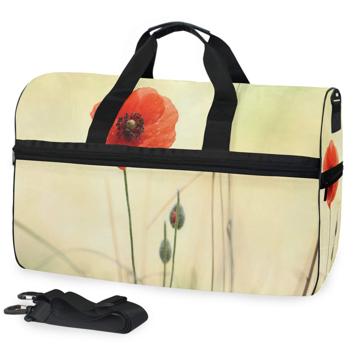 Floral Flower Poppy Travel Duffel Bag for Women Men Sport Gym Bag with Shoes Compartment Overnight Weekend Bag