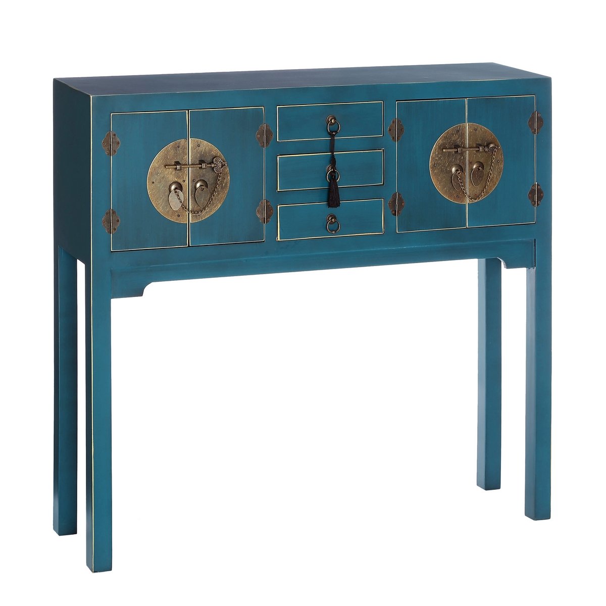 Consola oriental de madera azul con 3 cajones y 4 puertas de 90x95x26 cm | Diseño rústico artesanal con cierres de imán. Decora el recibidor o salón aportando personalidad y mucho almacenaje.