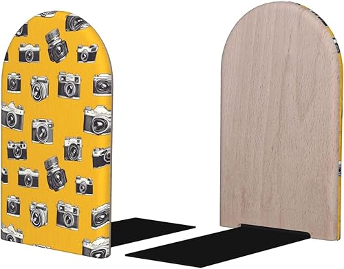 Book Ends for Shelves 1 Pair - Vintage Camera Yellow Print Wood with Metal Base Bookends for Heavy Books, Book Stand Organizer Holder for Books