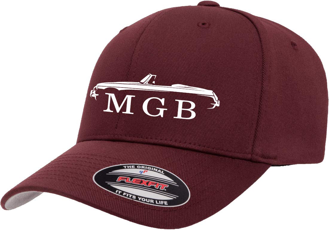 MG MGB Convertible Sports Car Outline Design Flexfit 6277 Athletic Baseball Fitted Hat Cap Maroon S/M
