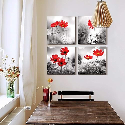 Miniatura 3 de Arte de pared de 4 paneles con tema moderno de salón en blanco y negro, la flor roja, pintura abstracta, lienzo de naturaleza muerta, arte de pared