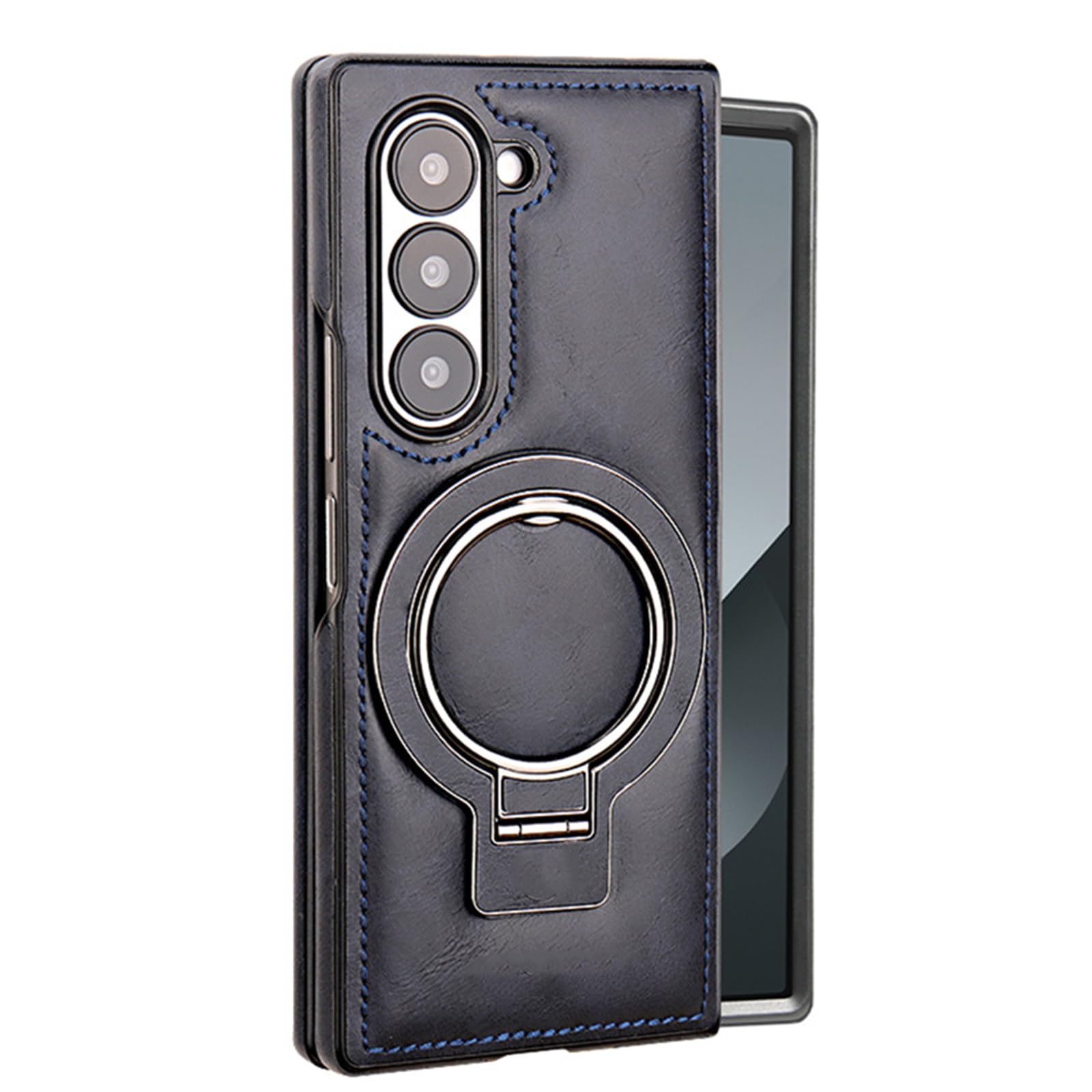 Magnetica Custodia per Samsung Galaxy Z Fold 8 Ultra, d'Epoca Pelle | Sottile Affari Telefono Cover con Rotabile Metallo Anello Supporto Ricarica Wireless Caso,Blu,Fold 8 Ultra