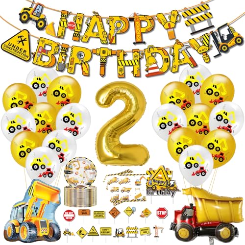 80 Piezas Excavadora Decoración Cumpleaños 2 Años, Globos Cumpleaños Construcción Kit para Niño de 2 Años, Incluye Inserto de Pastel, Decoraciones con Globos y Vajilla para 20 Personas