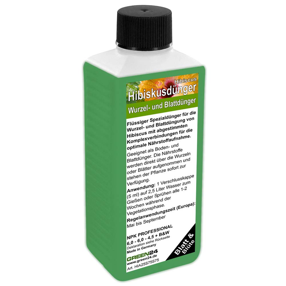 GREEN24 Hibiskus Dnger 250ml  Spezial-Flssigdnger fr alle  Eibisch-Arten (Garten & Zimmer) | Frdert ppige Blten, verhindert gelbe  Bltter & sorgt fr krftiges Wachstum | NPK Profi-Pflege : Amazon.de:  Garten