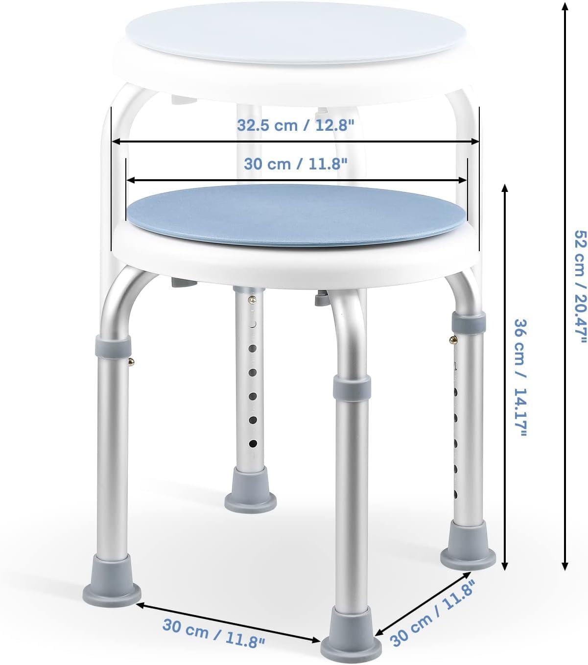 Taburete de ducha, giratorio 360°, taburete de baño con pies de goma antideslizantes, estable, 7 alturas ajustables (36 – 52 cm), para personas mayores, discapacitados, embarazadas