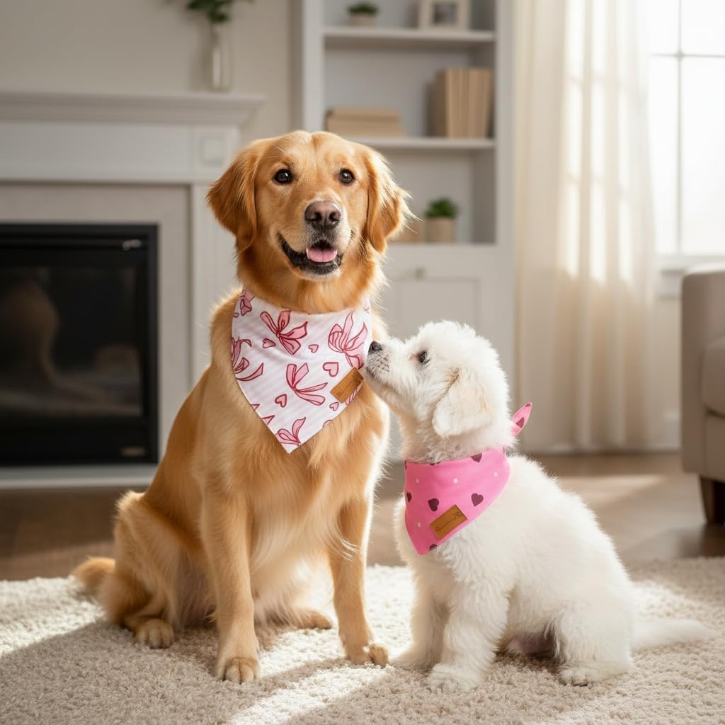 Pink Dog Bandanas 2 Pack for Dogs, Heart & Bow Print Adjustable Triangle Dog Scarf, Soft Washable Pet Bandana for Small Medium Large Dogs, Cute Stylish Dog Accessories image 3
