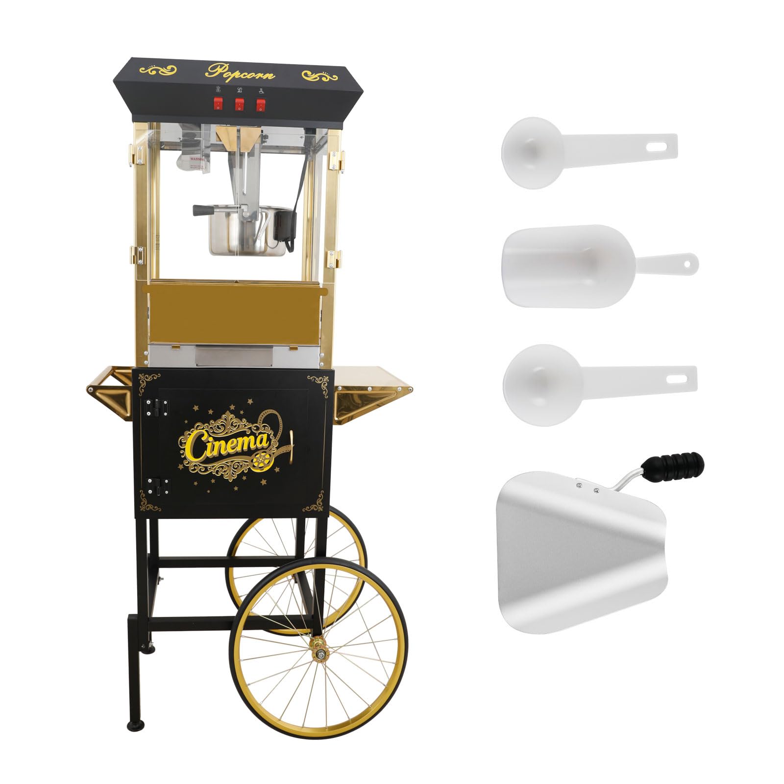 Popcorn Maker with Cart &amp; 16oz Kettle, Antique Style Popcorn Maker on Wheels with Storage Cabinet, Mobile Popcorn Popper Machine for Theater, Carnival, Home Party, Black