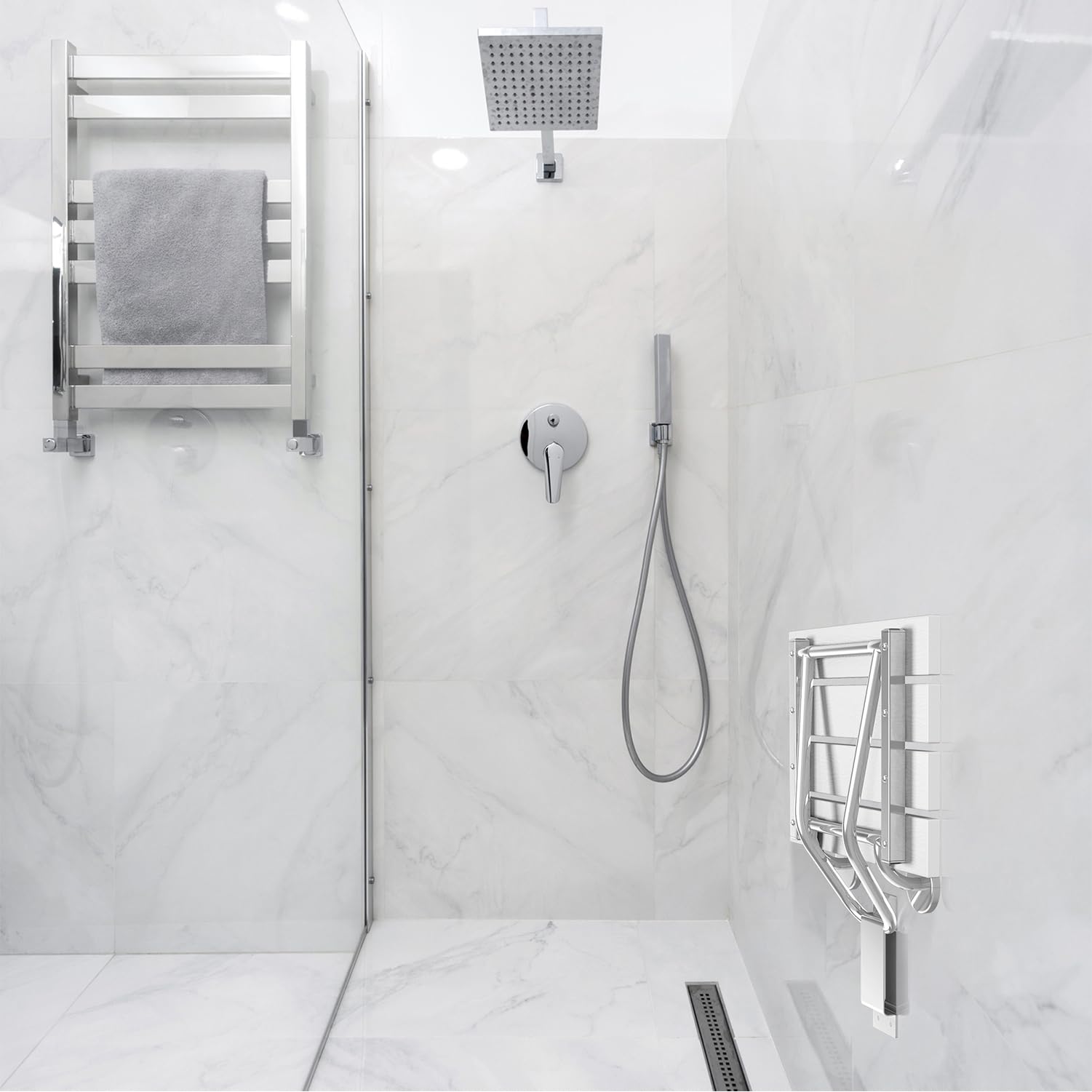 Silla de Ducha Plegable para Montaje en Pared, Asiento de Ducha de Teca, Silla de Banco para Ducha Interior, Asiento de Ducha Plegable, Silla de Ducha Plegable (Blanco, Extragrande)