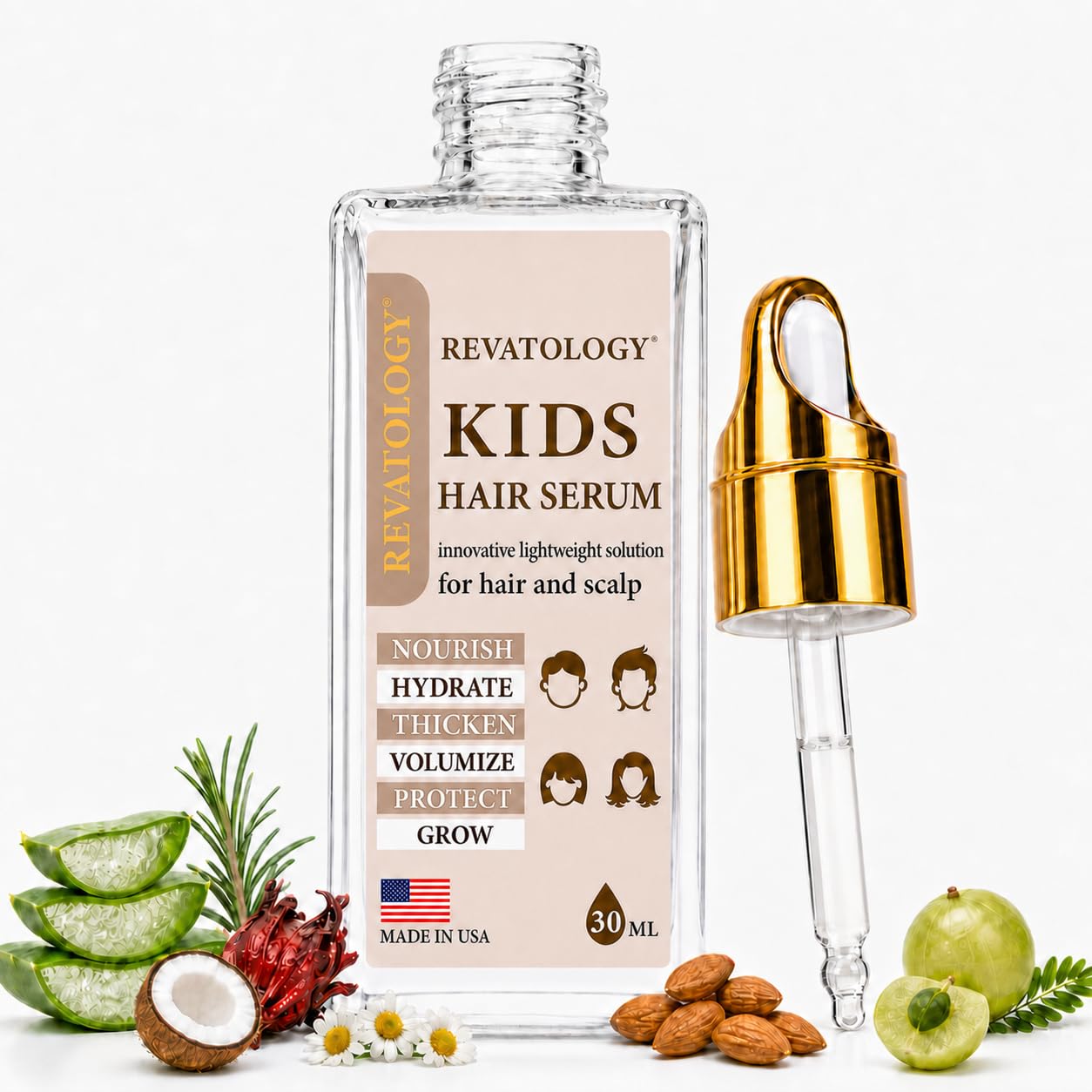 Revatology Kids & Baby Hair Growth & Scalp Serum Gel, Morning-Time, Toddlers & Babies, Rosemary, Castor & Amla, Lightweight Botanical Blend, Soothes Dry Scalp & Frizz, Curly Hair, 1 Fl Oz, Made in USA