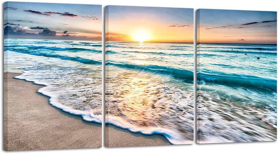 Wieco Art 3 Panels Blue Beach Sunrise White Wave Pictures on Canvas Wall Art Modern Stretched Seascape Canvas Prints Seaview Artwork for Home Office Decorations