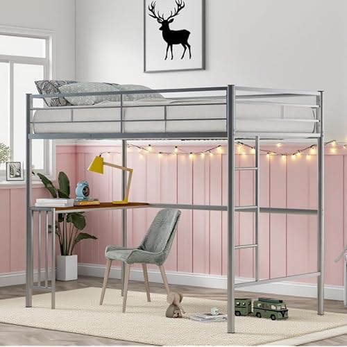 Bellemave Twin Size Loft Bed with Desk and Ladder, Metal Twin Loft Bed Frame for Adults, Kids, Teens, Silver