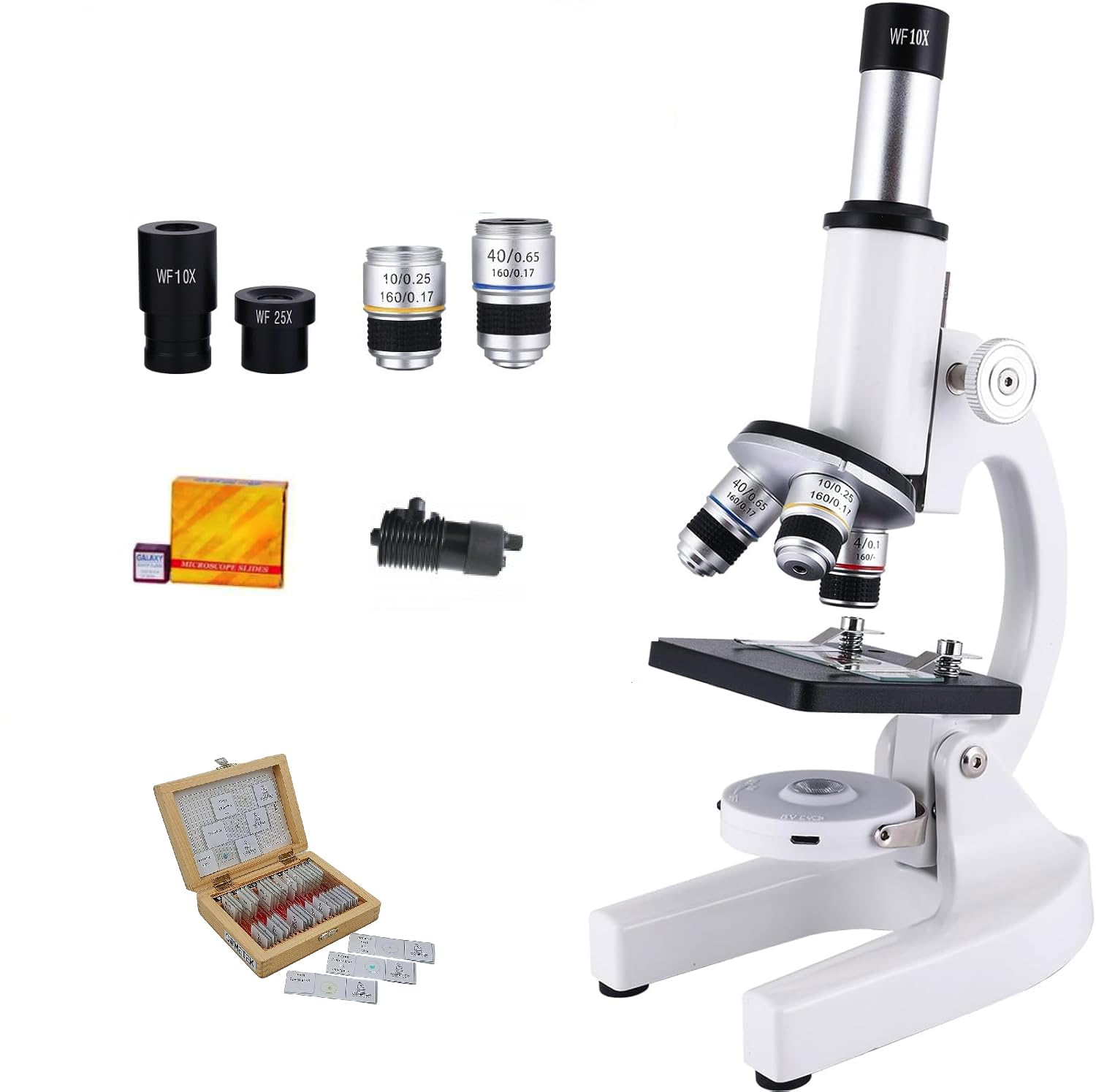 Chemlab Student Compound Biological Microscope with Dual Objective Lenses,LED LAMP,25 Prepared Slides,50 Blank Slides,for School Lab & Home,Microscope Gift for Kids Children Students,40X-1125X Zoom