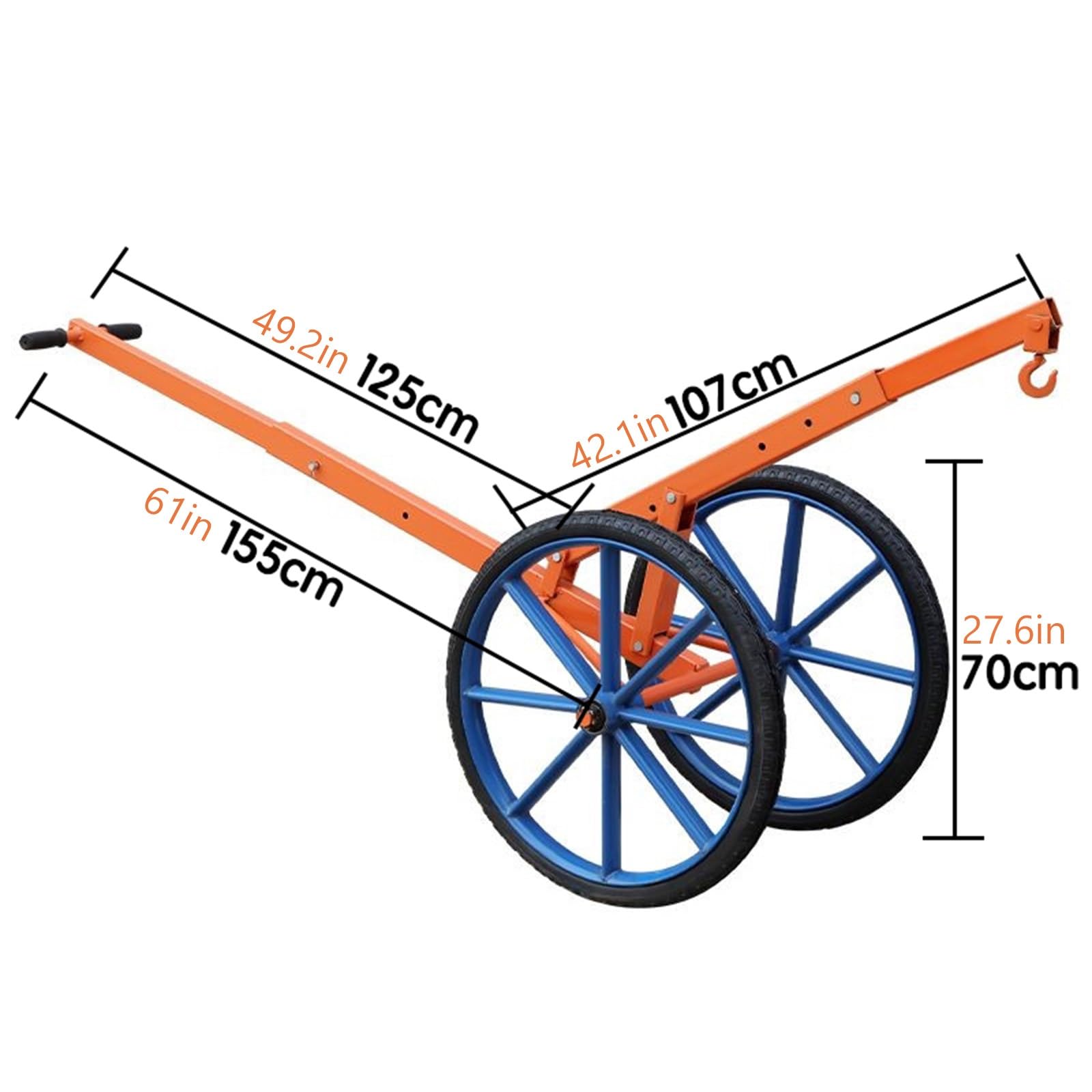 Adjuble stalowy wózek z obrotowym hakiem o 360°, przemysłowy wciągnik do kamienia, nośność 200 kg, wielopozycyjna regulacja wysokości, kółka 70 cm do bezpiecznego podnoszenia