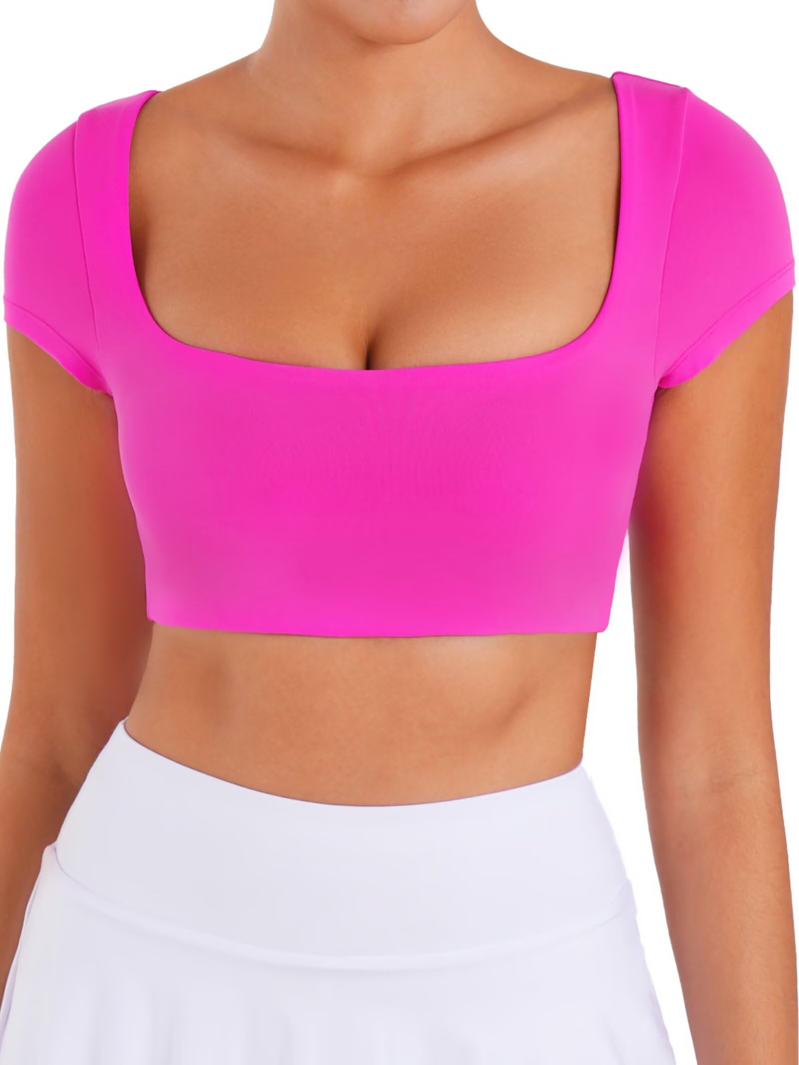 Sunzel Haut court à manches courtes pour femme avec soutien-gorge intégré, t-shirt athlétique de yoga, t-shirt décontracté ajusté avec rembourrage