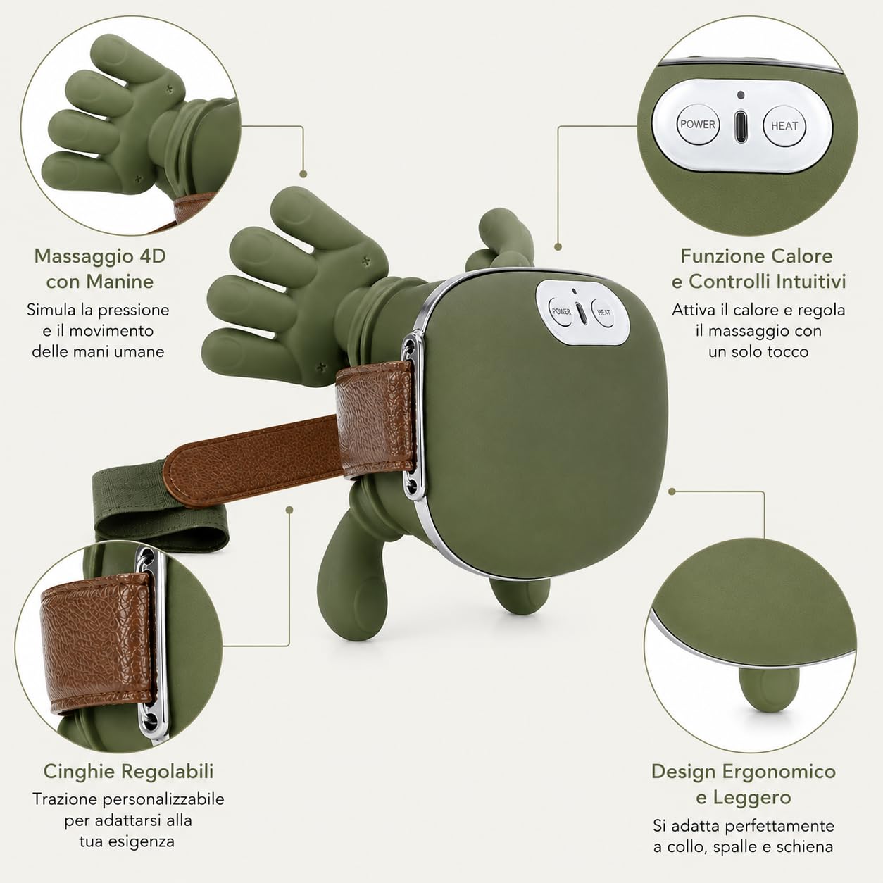 Massaggiatore Cervicale e Spalle con Calore, Massaggio Shiatsu 4D con Manine Simulate, Massaggiatore Collo e Schiena Senza Fili Ricaricabile, Design Ergonomico per Relax Muscolare e Benessere