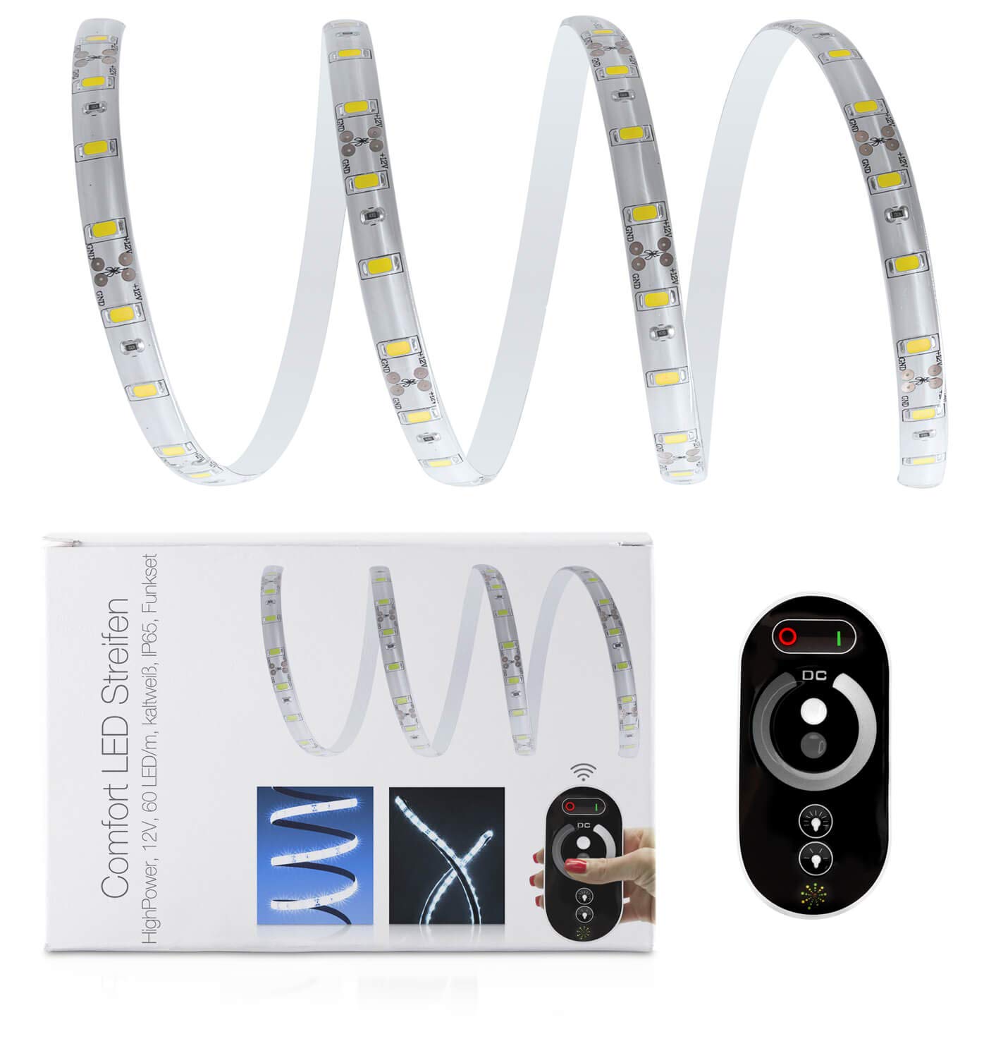 Tira de luces LED de alta potencia (5 m, 60 ledes SMD 5630, 1800 lm/m, IP65, 12 V), incluye controlador, mando a distancia y fuente de alimentación.