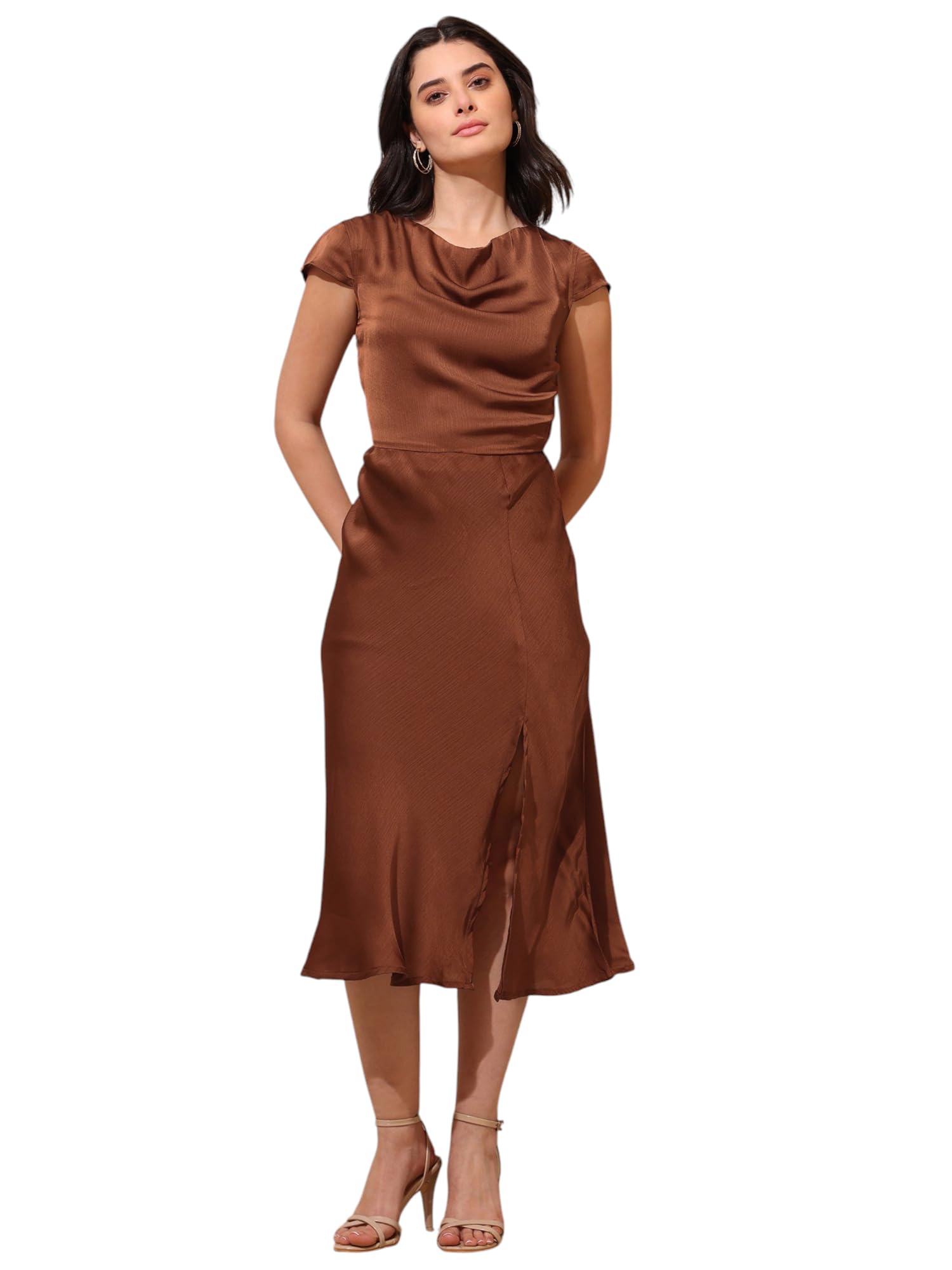 Purvaja Womens Cowl Neck Silk Blend Dress (Floe-118-M_Brown)