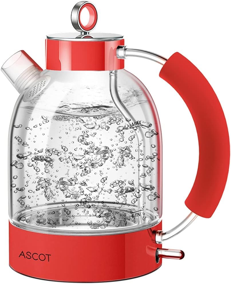 ASCOT Electric Kettle, Glass Electric Tea Kettle, Gift for Man/Women/Family, 1.5L Borosilicate Glass Tea Heater & Hot Water Boiler, BPA-Free, Auto Shut-Off and Boil-Dry Protection (Red)
