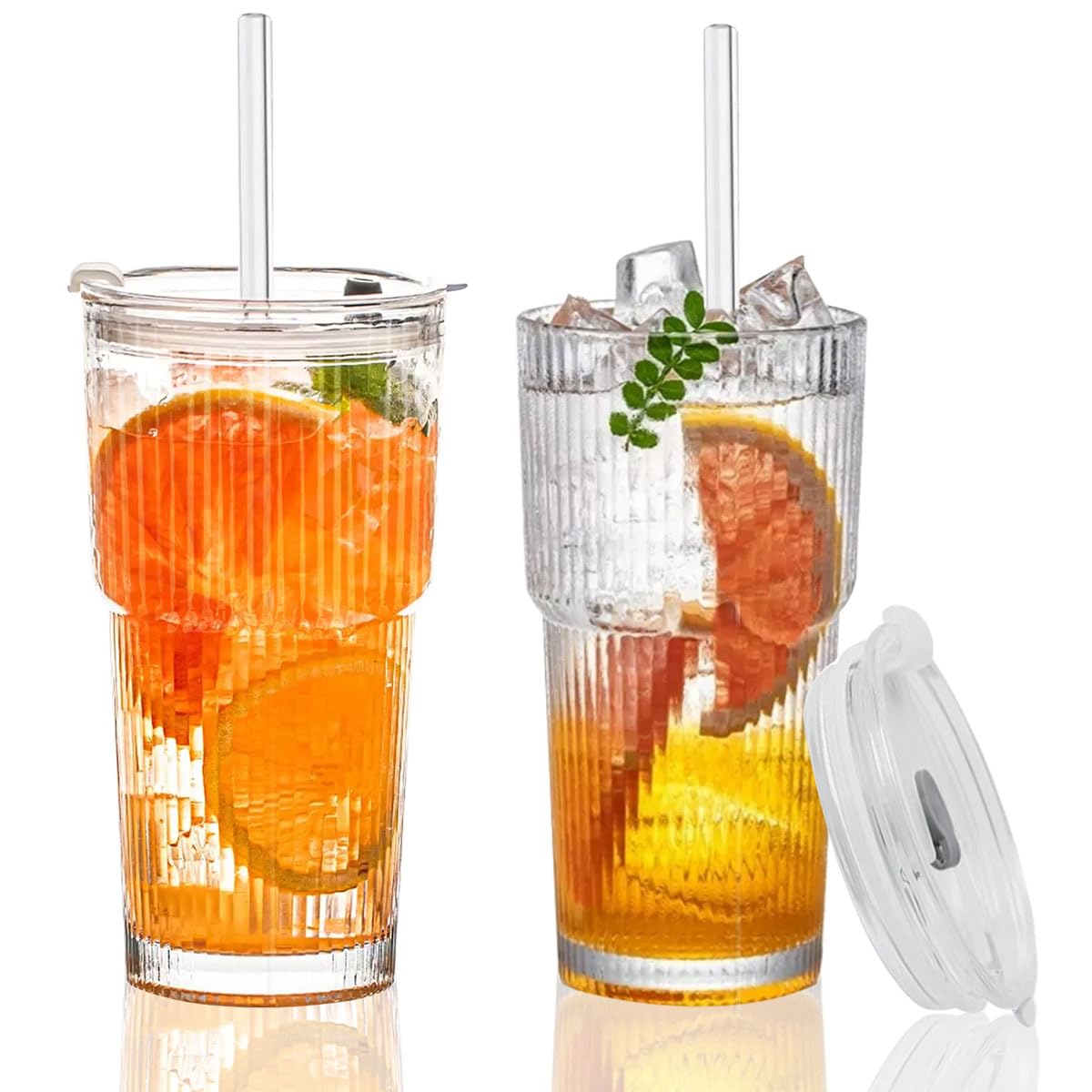  2 Stück 600ml Gerippte Glasbecher mit Deckel und Strohhalm - Luftdicht Wasserdicht Design für Saft Wasser Tee
| 2 Stück