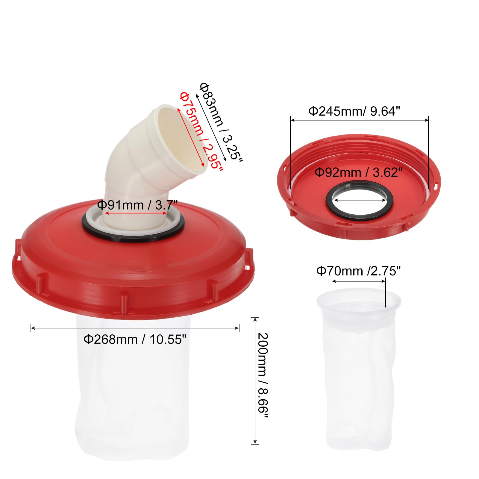 sourcing map Tapa de filtro IBC de 245 mm, adaptador de manguera de plástico IBC de 45°, contenedor de tanque de agua de lluvia de 1000 L con filtro de nailon lavable para tanques de agua de 275