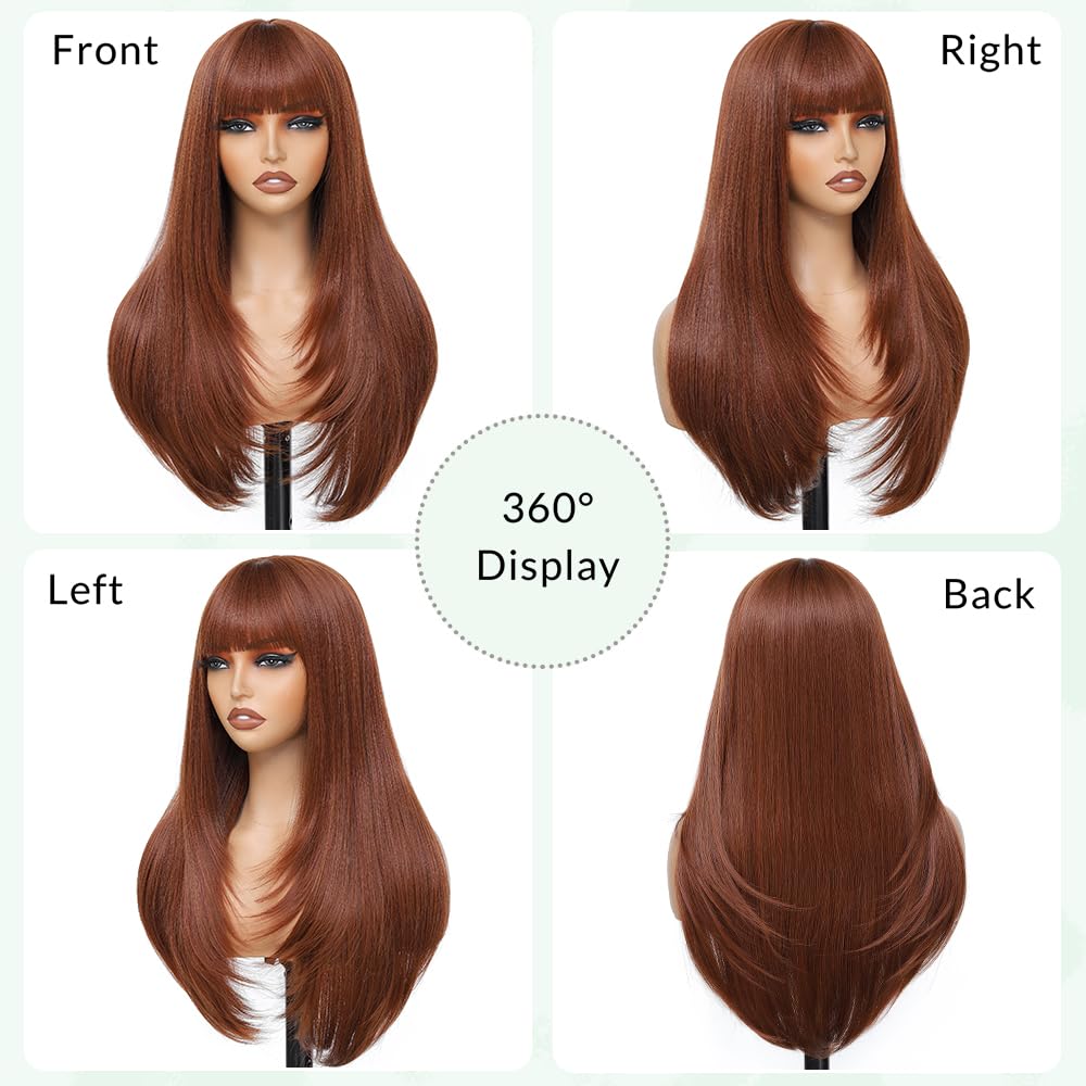 Auburn Long Wigs for Women,28 Inch Ginger Synthetic Hair,Red Brown Long Straight Wig with Bangs, Glueless Colored Womens Wigs for Cosplay Party Halloween (Auburn) - Image 2