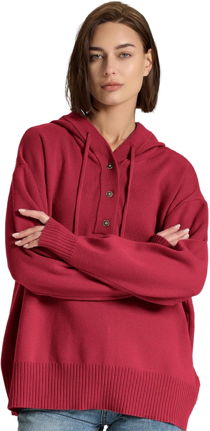 Womens Sweaters Soft Knit Pullover Henley Neck Long Sleeve Drawstring Button Front Casual Trendy Hoodies - Image 2