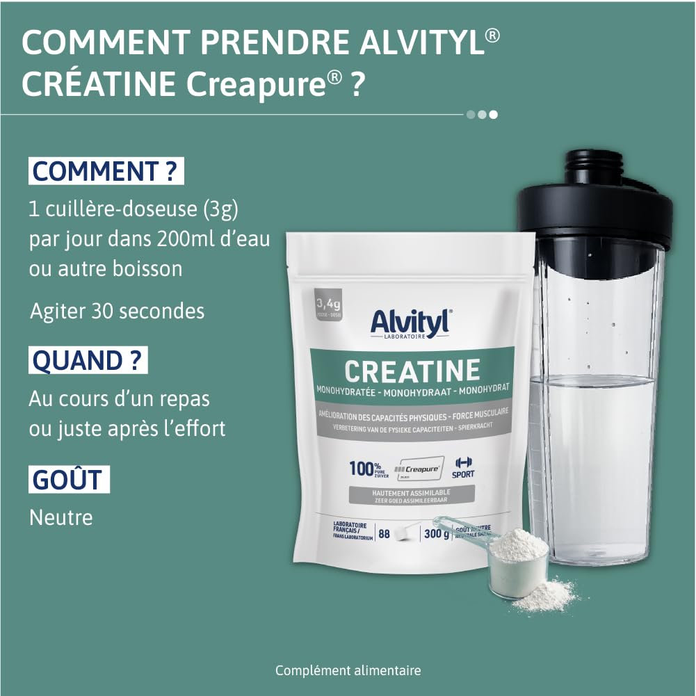 Alvityl Créatine Monohydratée Creapure 100% Pure Poudre 88 portions 300 g | Creapure® hautement assimilable, goût neutre, 3 g/jour, améliore les performances physiques, excerices hautes intensités
