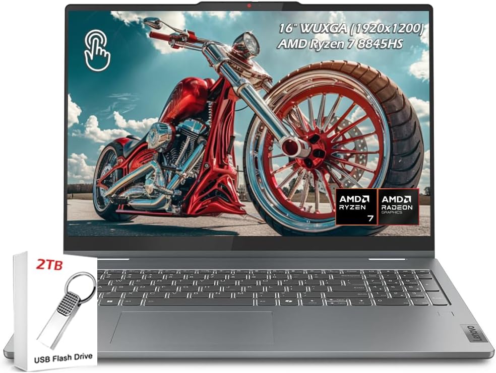 Lenovo IdeaPad 5 2-in-1 with AMD Ryzen 7 8845HS Processor, 16" WUXGA Touchscreen Display, 16GB LPDDR5X RAM, 512GB SSD, Backlit KB, Wi-Fi6, FP Reader, Windows 11, Luna Grey, w/2TB USB Drive, W/GaLiMu