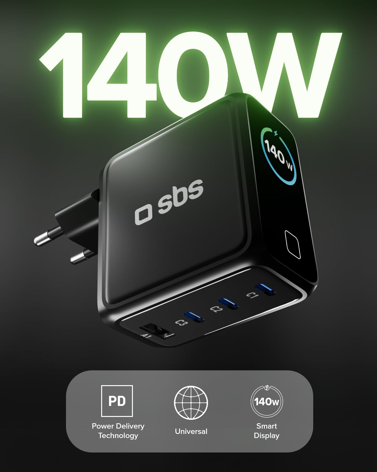 SBS Pulse Power 140W USB-C, GaN-Technologie, Power Delivery (PD 3.1 PPS), AI Smart Display, Touch-Steuerung, AFC, Netzteil mit Schnellladen, Ladegerät für Notebook, Tablet, iPhone, Android