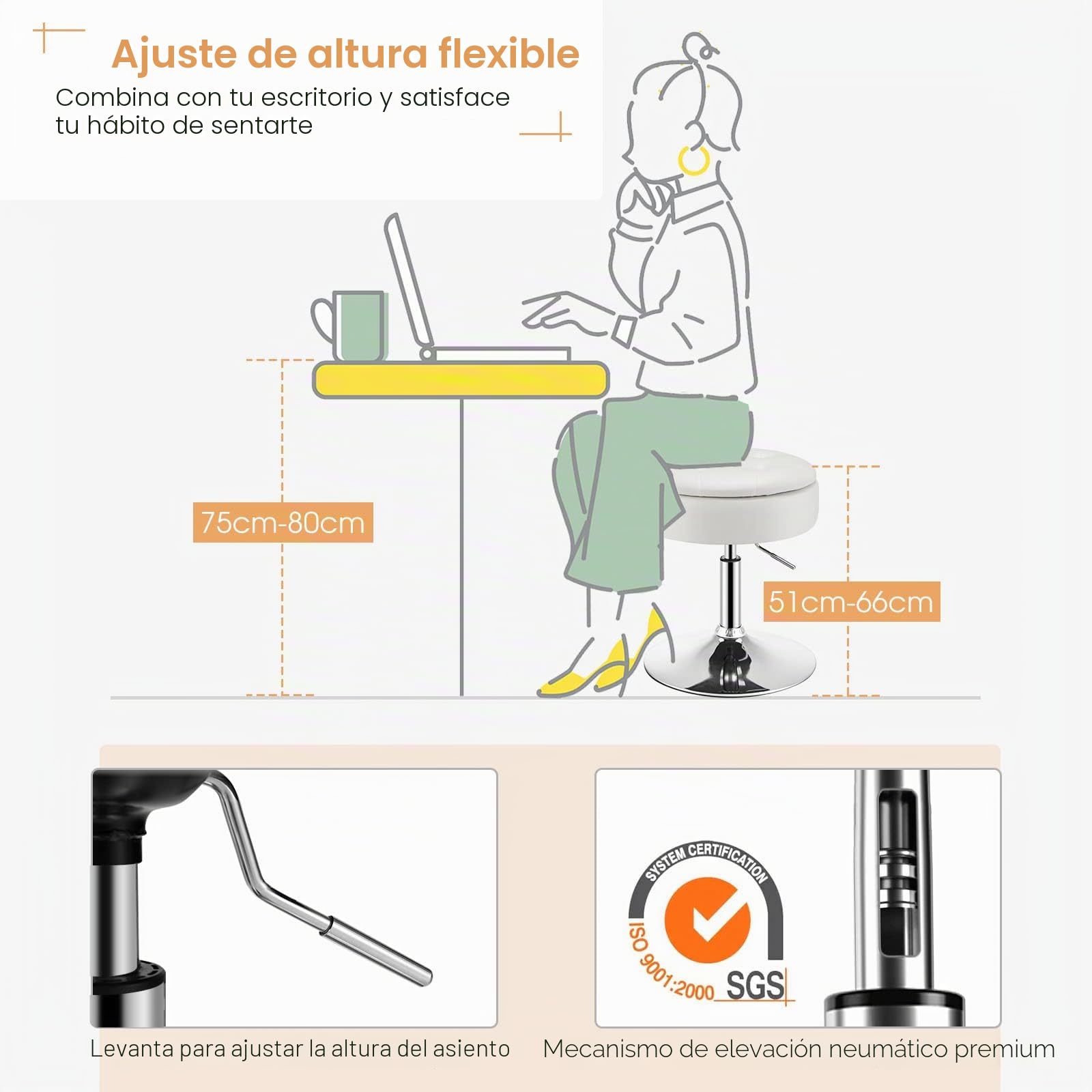 LIFEZEAL Taburete de tocador, Silla de Bar de Piel sintética, Taburete Giratorio con Altura Ajustable de 51 a 66 cm, Taburete de Bar Redondo con Almacenamiento Oculto para Dormitorio, salón(Blanco)