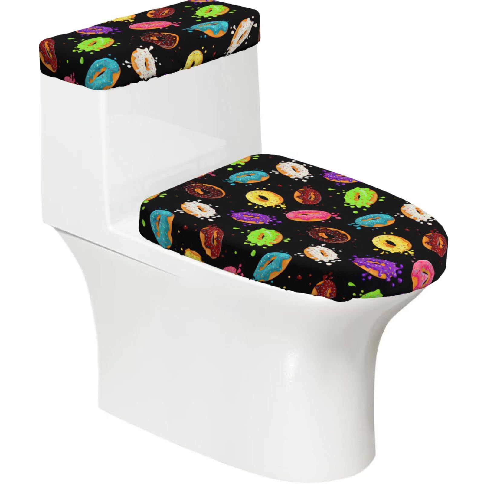Donut Printed Toilet Tank and Lid Cover Set of 2 for Most Bathrooms, Fits Elongated Round Toilets