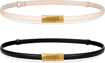 SANSTHS 2 Pack Thin Ladies Waist Belt for Dresses Jeans Pants, Skinny Womens Belt with Antique Gold Buckle